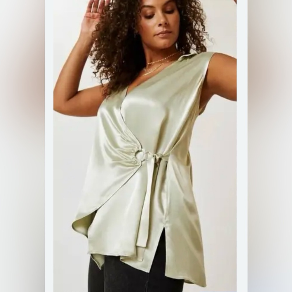 Anthropologie Satin Wrap Blouse in Soft Green